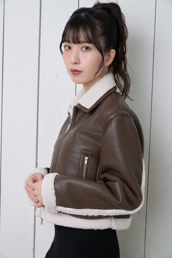 【Nora Lily】「elle」Boa Fake Leather Short Reversible BlousonBROWN22474