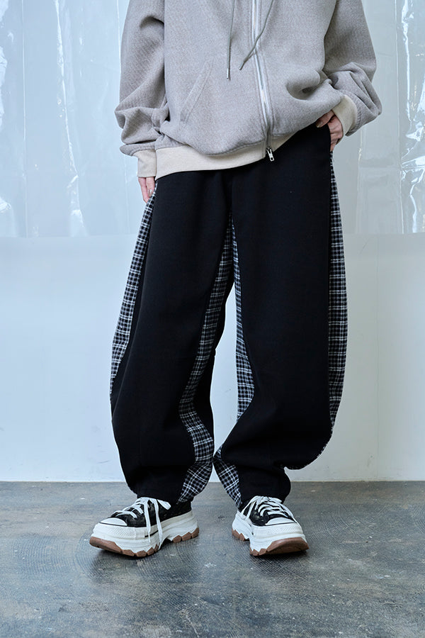 Nora Lily】Switching Wide Leg Barrel Pants-Black x black check