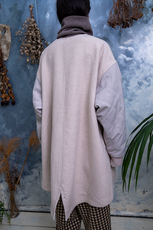 【Nora Lily】 Quilting Sleeve Collar-less Blouson(UNISEX)-Light BEIGE x GREY-223542053-52