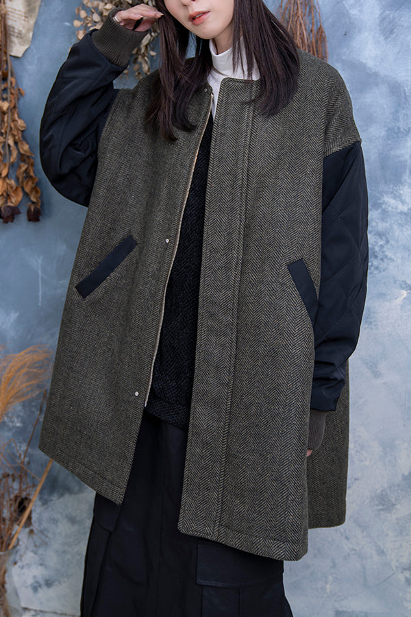 【Nora Lily】 Quilting Sleeve Collar-less Blouson(UNISEX)-KHAKI x BLACK-223542053-27