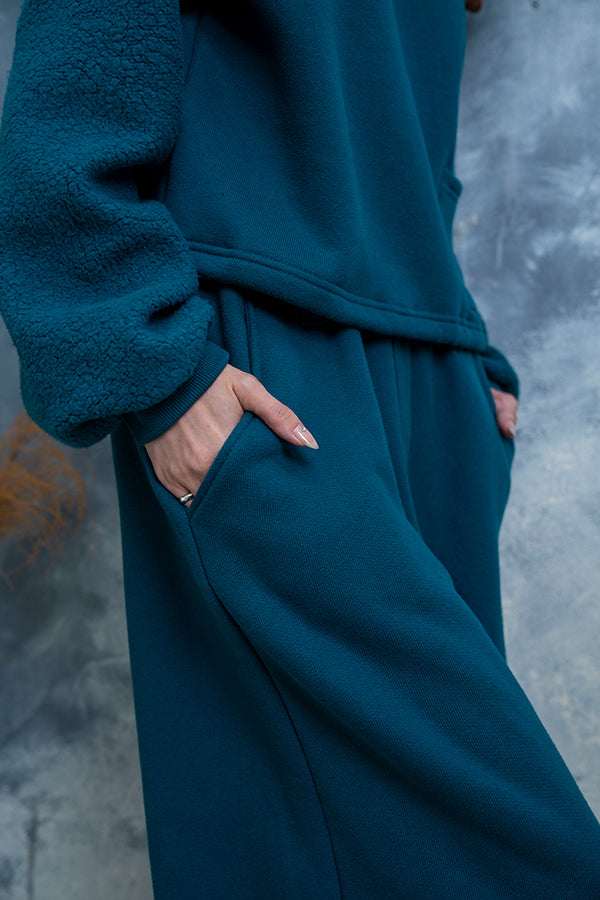 【Nora Lily】 Wide Silhouette Blocking Sweat Pants(UNISEX)-Blue GREEN-223560039-22