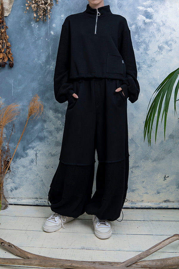 【Nora Lily】 Wide Silhouette Blocking Sweat Pants(UNISEX)-BLACK-223560039-19