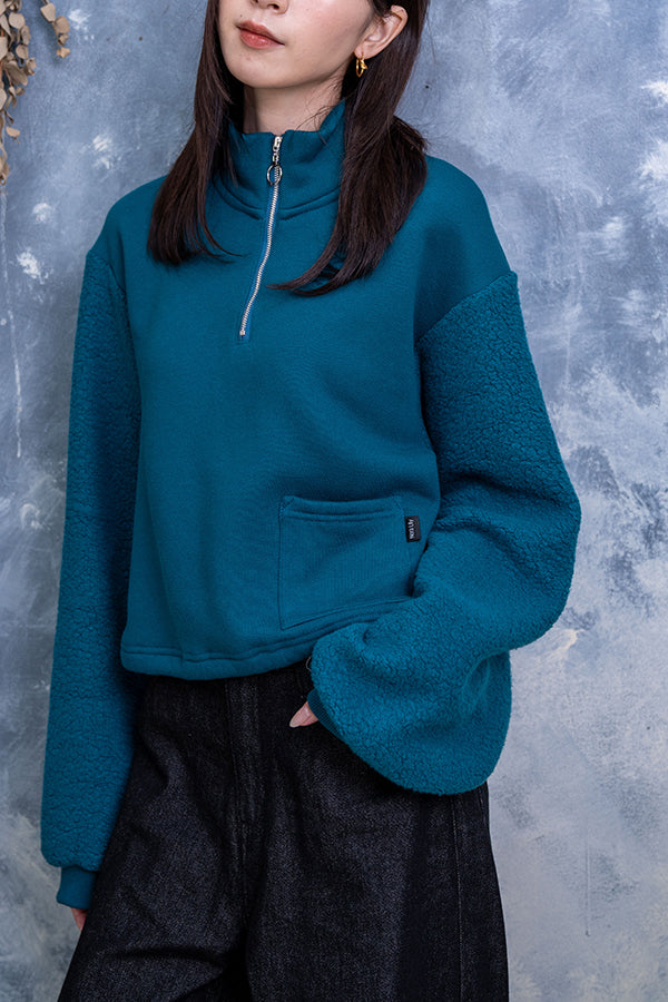 【Nora Lily】 Moc Neck Warm Half Zip Pull Over Sweat(UNISEX)-Blue GREEN-223580062-22