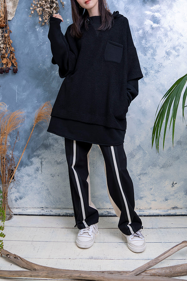 【Nora Lily】 Layered Warm Hooded Pull Over Sweat(UNISEX)-BLACK-223580063-19