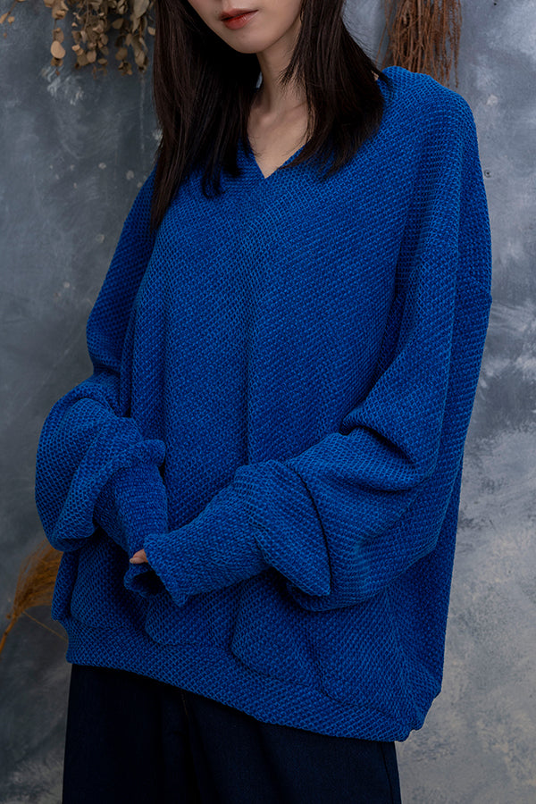 【Nora Lily】 Mall Yarn V Neck Pull Over(UNISEX)-BLUE-223580064-92