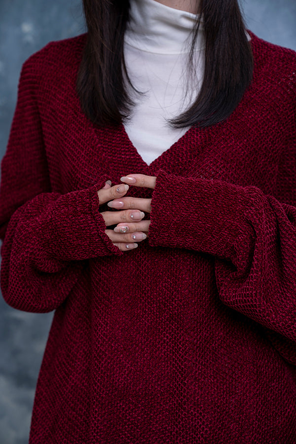【Nora Lily】 Mall Yarn V Neck Pull Over(UNISEX)-BORDEAUX-223580064-69