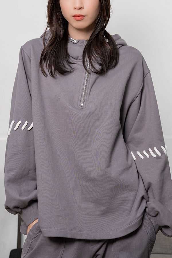 Nora Lily】 Hand Stitch Half-ZIP Hoodie(UNISEX)-GREY-223580069-12