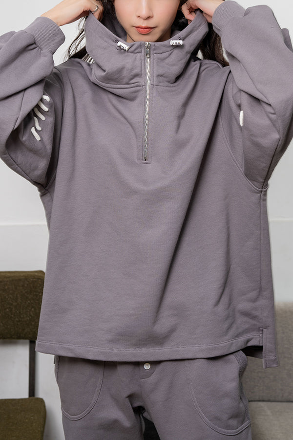 Nora Lily】 Hand Stitch Half-ZIP Hoodie(UNISEX)-GREY-223580069-12