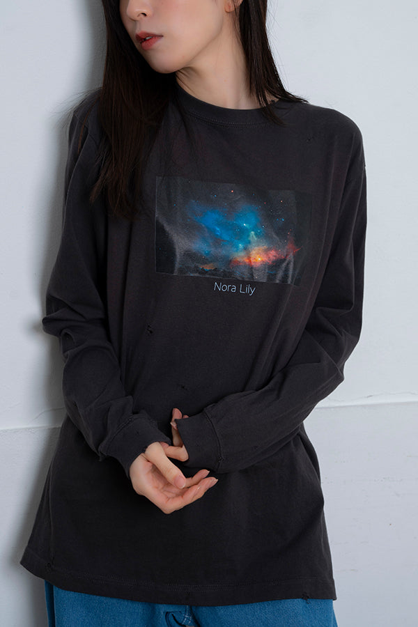 【Nora Lily】 Stardust Voyage Long Sleeve Vintage T-Shirt(UNISEX)-CHARCOAL Damage-224120005-13