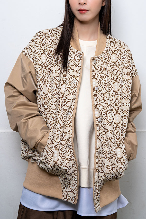 【Nora Lily】 Oriental Patterned Stadium Jumper(UNISEX)-BROWN-224142072-42