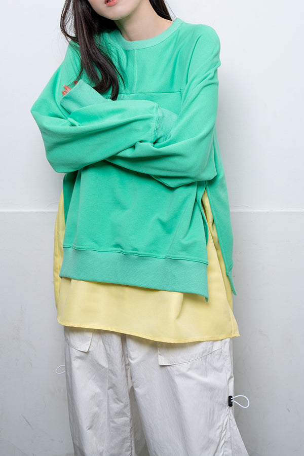 【Nora Lily】 Layered Sweat Pullover(UNISEX)-GREEN x Lemon Yellow-224180070-21