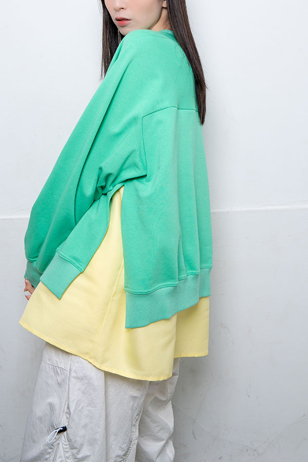【Nora Lily】 Layered Sweat Pullover(UNISEX)-GREEN x Lemon Yellow-224180070-21