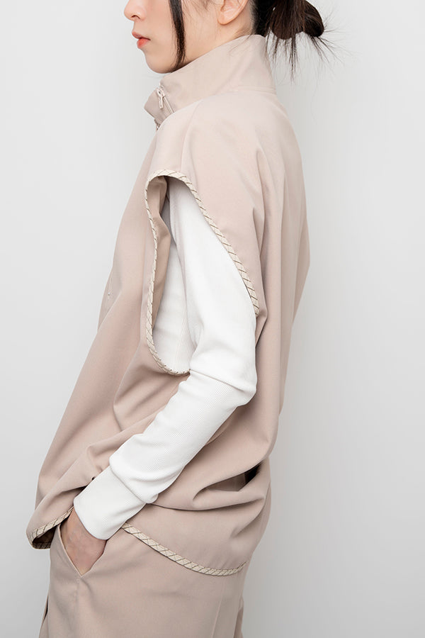 【Nora Lily】 2 material Sleeve-Less Top(UNISEX)-BEIGE-224180075-52
