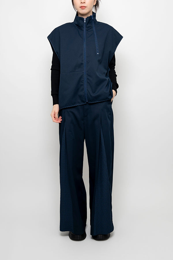 【Nora Lily】 2 material Tuck Drape Pants(UNISEX)-NAVY-224160043-93