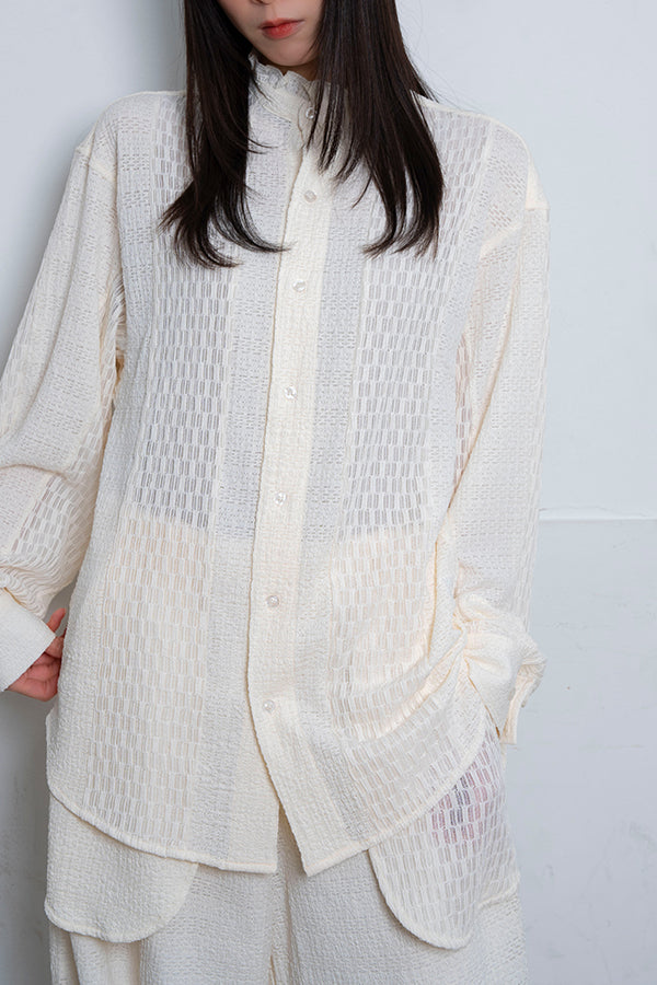 【Nora Lily】 Sheer Stand Collar Shirt(UNISEX)-WHITE-224180079-01