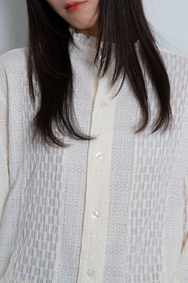 【Nora Lily】 Sheer Stand Collar Shirt(UNISEX)-WHITE-224180079-01