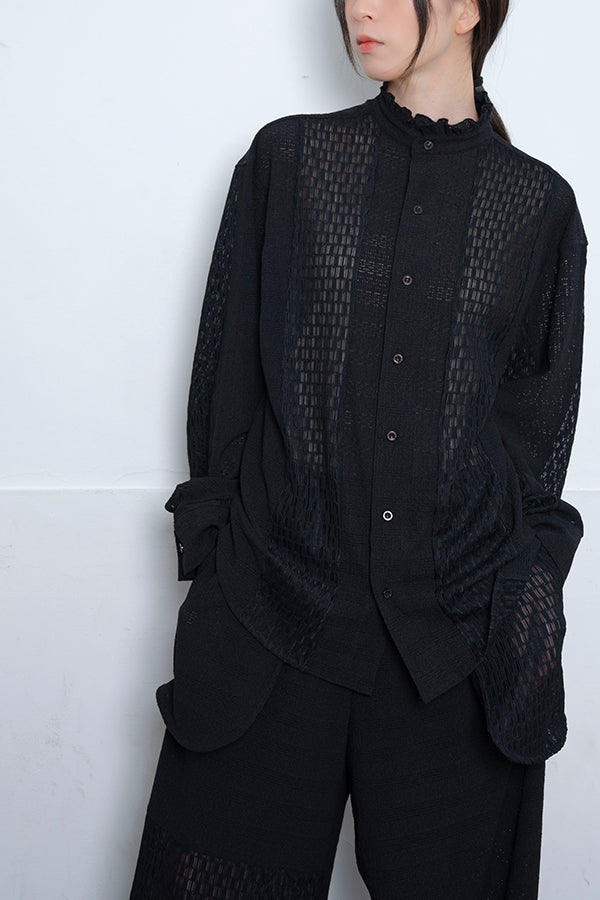 【Nora Lily】 Sheer Stand Collar Shirt(UNISEX)-BLACK-224180079-19