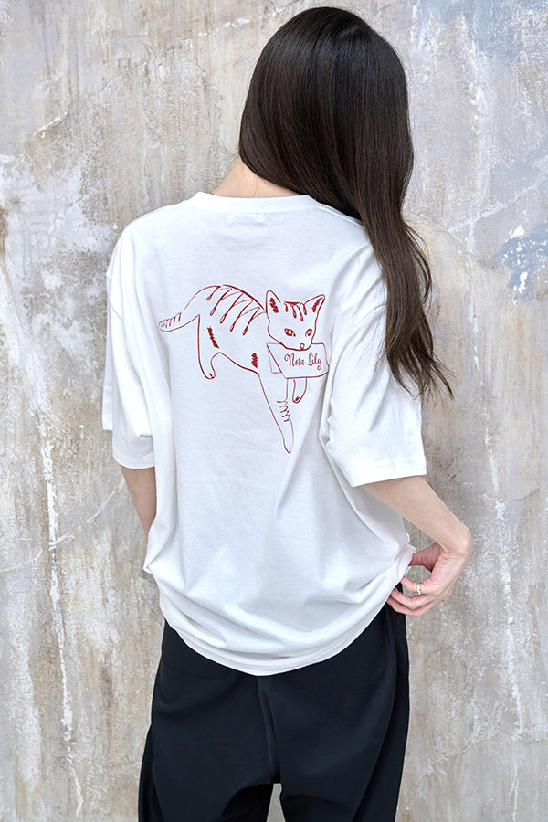 【Nora Lily】Cat with Letter T-Shirt(UNISEX)-WHITE-224320009-01L