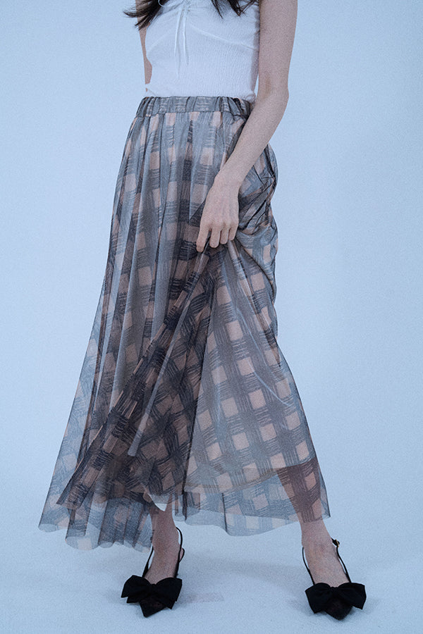 【Nora Lily elle】 Sheer Check Skirt(Women)-Beige x Navy-224360049-52