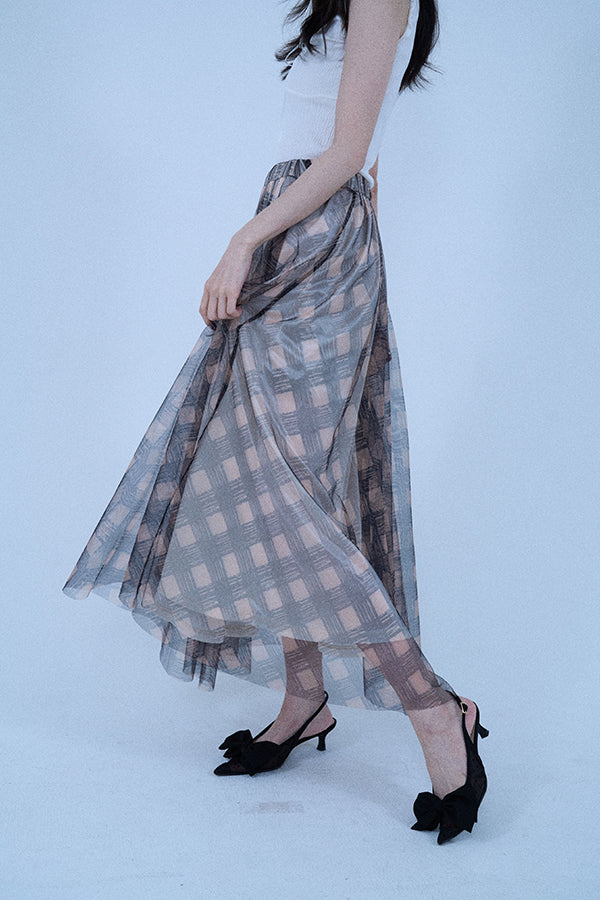 【Nora Lily elle】 Sheer Check Skirt(Women)-Beige x Navy-224360049-52