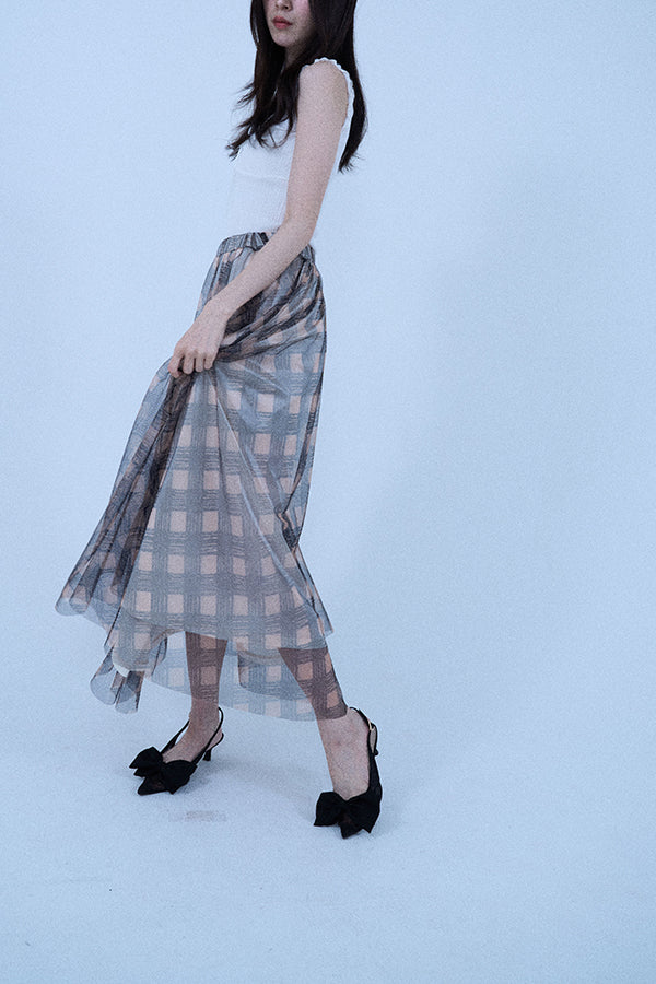 【Nora Lily elle】 Sheer Check Skirt(Women)-Beige x Navy-224360049-52