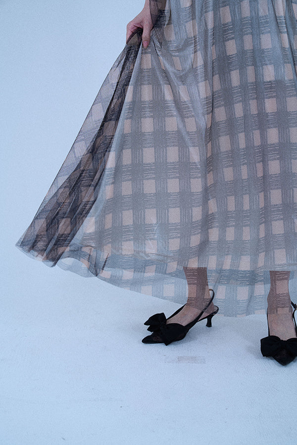 【Nora Lily elle】 Sheer Check Skirt(Women)-Beige x Navy-224360049-52