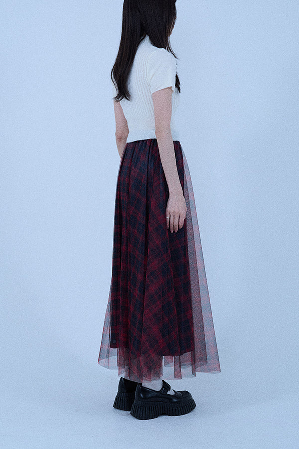 【Nora Lily elle】 Sheer Check Skirt(Women)-Red x Navy-224360049-62