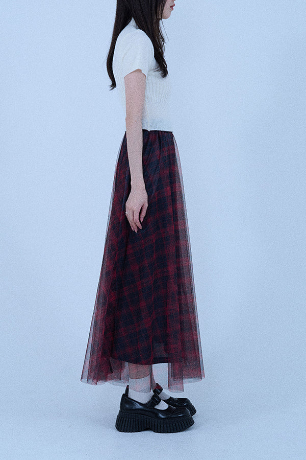 【Nora Lily elle】 Sheer Check Skirt(Women)-Red x Navy-224360049-62