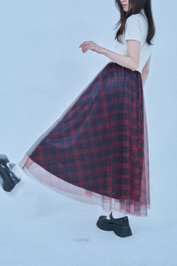 【Nora Lily elle】 Sheer Check Skirt(Women)-Red x Navy-224360049-62