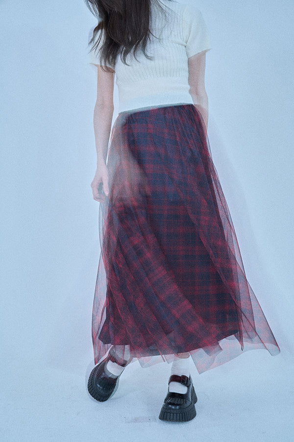 【Nora Lily elle】 Sheer Check Skirt(Women)-Red x Navy-224360049-62