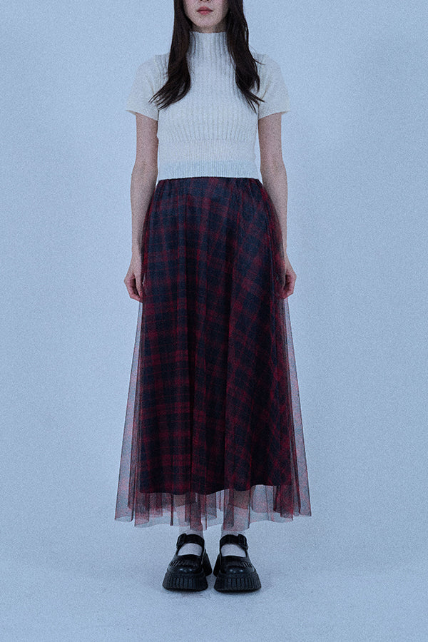 【Nora Lily elle】 Sheer Check Skirt(Women)-Red x Navy-224360049-62