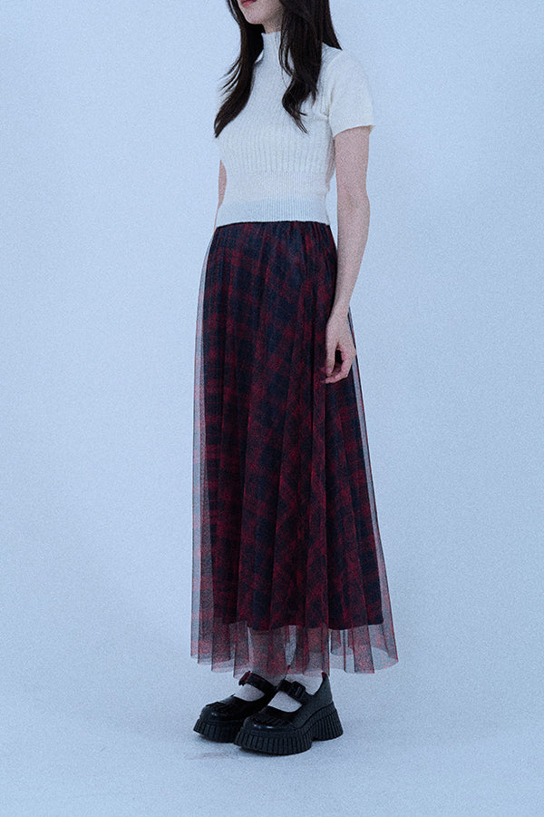 【Nora Lily elle】 Sheer Check Skirt(Women)-Red x Navy-224360049-62