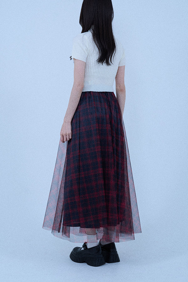 【Nora Lily elle】 Sheer Check Skirt(Women)-Red x Navy-224360049-62