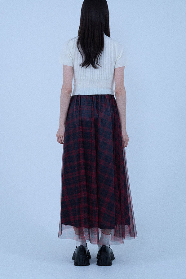 【Nora Lily elle】 Sheer Check Skirt(Women)-Red x Navy-224360049-62