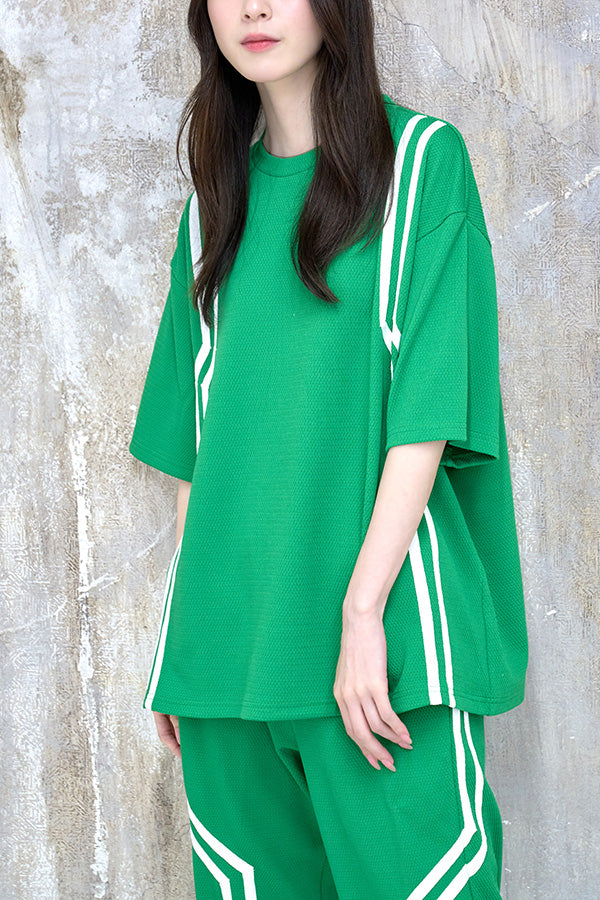 【Nora Lily】Shift Line Short Sleeve Track Top(UNISEX)-GREEN-224380091-22F