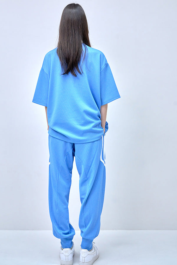 【Nora Lily】Shift Line Short Sleeve Track Top(UNISEX)-BLUE-224380091-92F