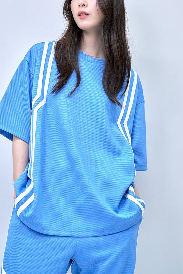 【Nora Lily】Shift Line Short Sleeve Track Top(UNISEX)-BLUE-224380091-92F