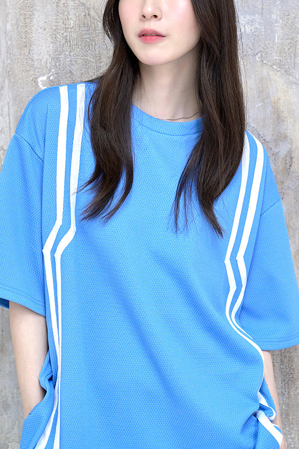 【Nora Lily】Shift Line Short Sleeve Track Top(UNISEX)-BLUE-224380091-92F