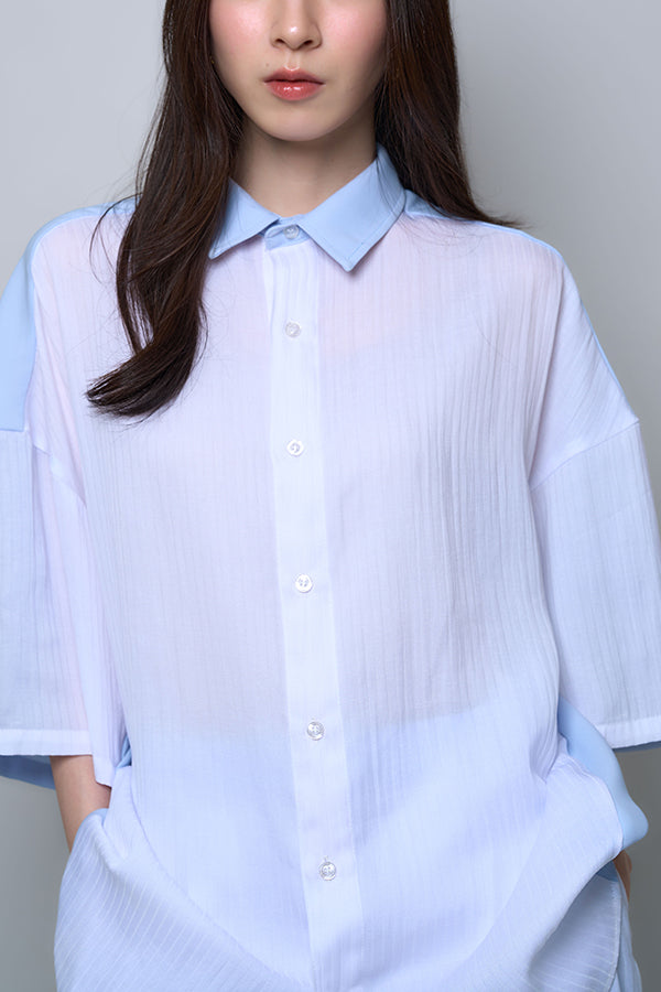 【Nora Lily】Sheer Layered Wide Shirt(UNISEX)-Light BLUE x WHITE-224380092-01