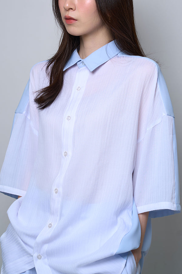 【Nora Lily】Sheer Layered Wide Shirt(UNISEX)-Light BLUE x WHITE-224380092-01