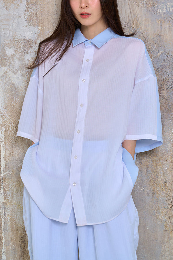 【Nora Lily】Sheer Layered Wide Shirt(UNISEX)-Light BLUE x WHITE-224380092-01