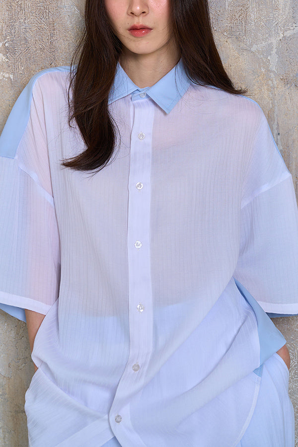 【Nora Lily】Sheer Layered Wide Shirt(UNISEX)-Light BLUE x WHITE-224380092-01