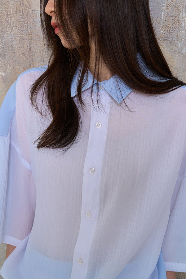 【Nora Lily】Sheer Layered Wide Shirt(UNISEX)-Light BLUE x WHITE-224380092-01