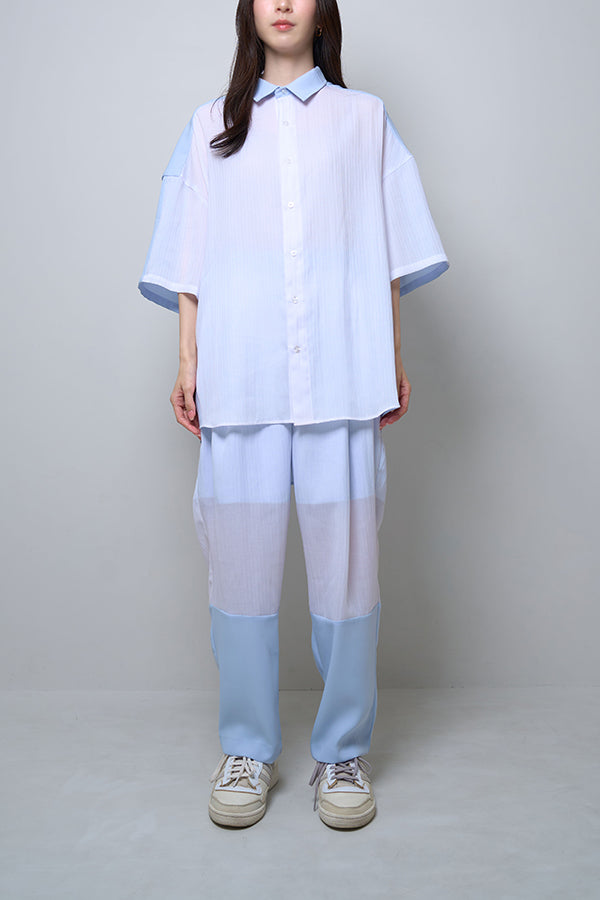 【Nora Lily】Sheer Layered Wide Shirt(UNISEX)-Light BLUE x WHITE-224380092-01