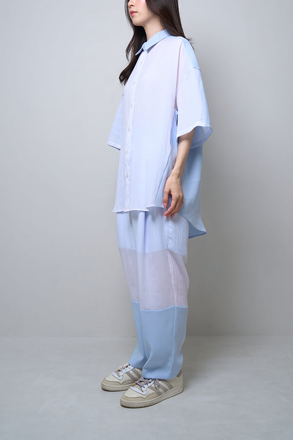 【Nora Lily】Sheer Layered Wide Shirt(UNISEX)-Light BLUE x WHITE-224380092-01