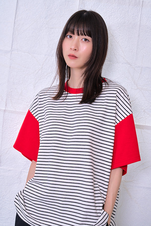 【Nora Lily】 Combination Pullover(UNISEX)-WHITE(border x Red)-22438015-01F