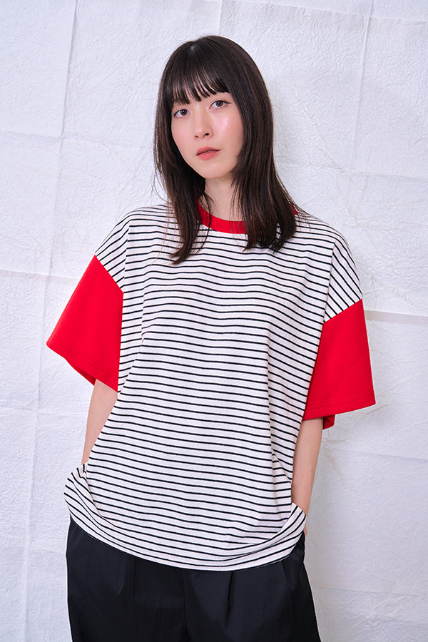 【Nora Lily】 Combination Pullover(UNISEX)-WHITE(border x Red)-22438015-01F