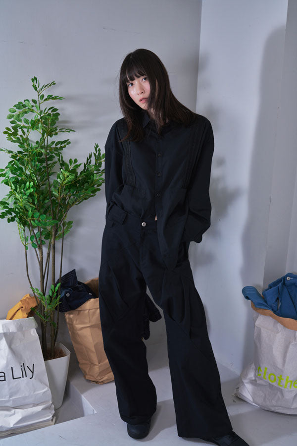 【Nora Lily】Tuck dimensional Wide Pants (UNISEX)-BLACK Twill-224560058-19F