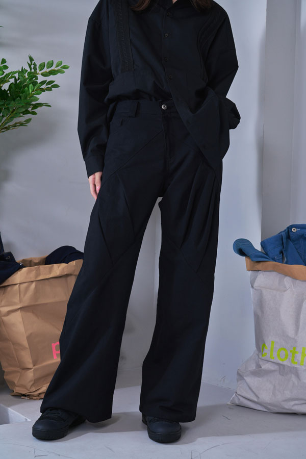 【Nora Lily】Tuck dimensional Wide Pants (UNISEX)-BLACK Twill-224560058-19F