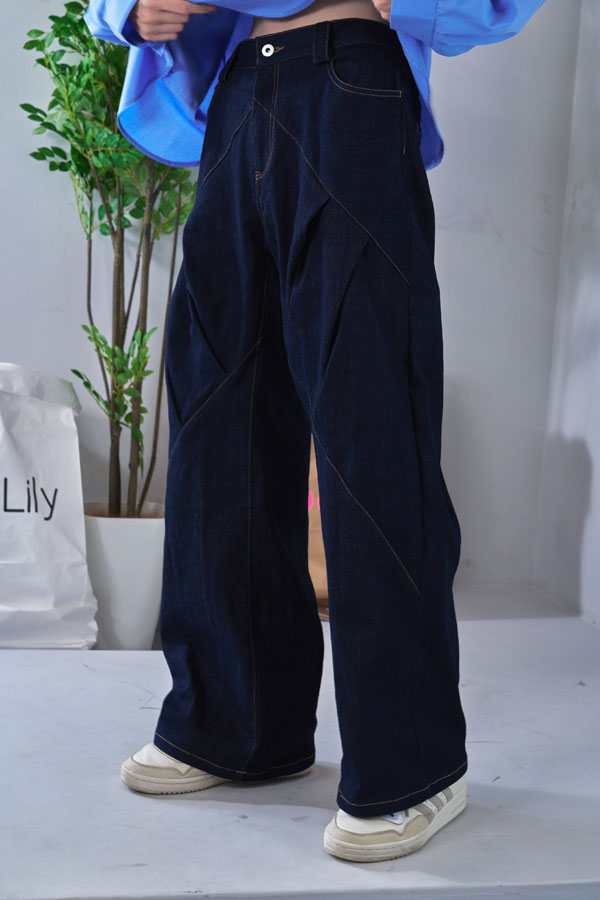 【Nora Lily】Tuck dimensional Wide Pants (UNISEX)-Indigo DENIM-224560058-92F